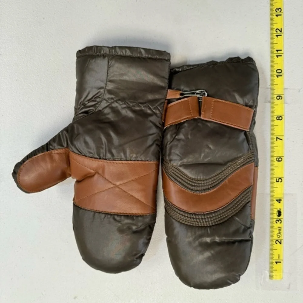 vintage mittens snow ski gloves brown nylon down feather brown duo tone medium